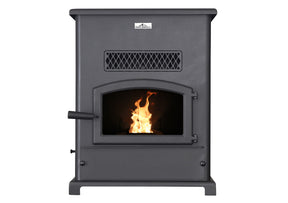 Breckwell Big E Pellet Stove with visible flames through an arched glass door in rugged steel casing