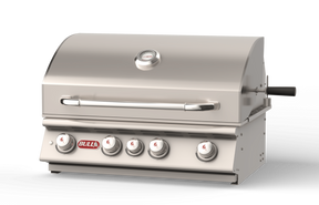 Bull Built‑In Gas & Charcoal Grills in premium stainless steel with multiple control knobs and integrated temperature gauge