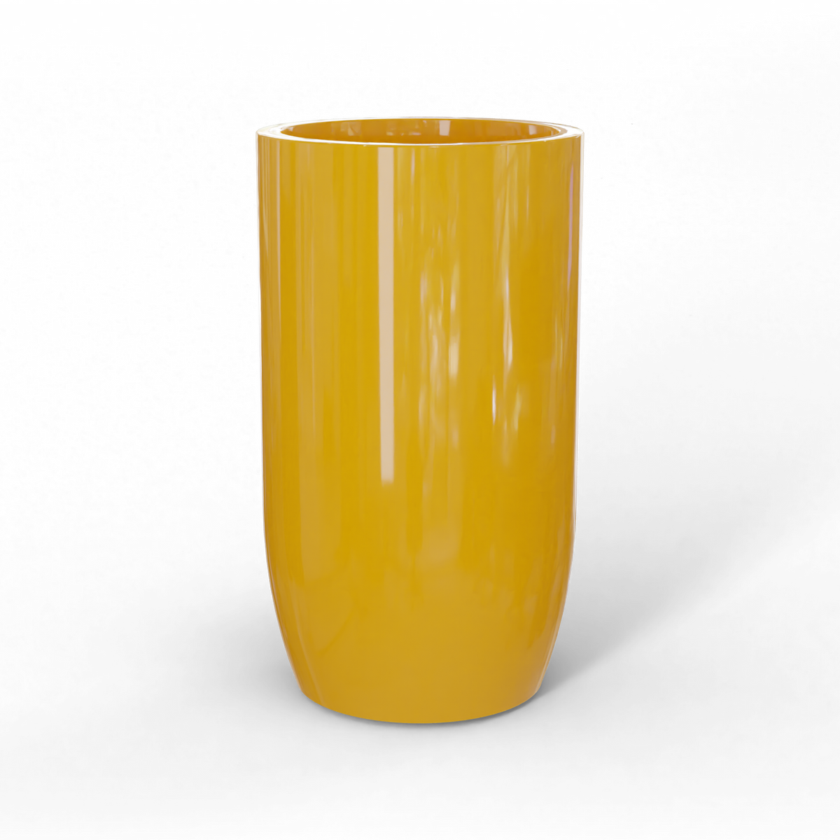 Lisbon tall round fiberglass planter in Gloss Saffron, studio render
