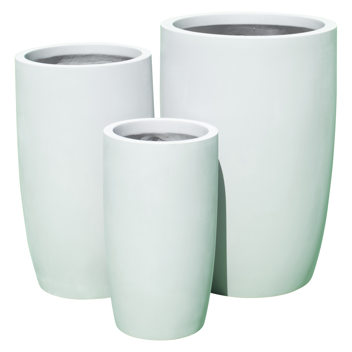 Lisbon tall round fiberglass planter shown in all sizes side by side in a studio render for comparing sizes: D 14 in × 25 in, D 18 in × 32 in, D 24 in × 36 in