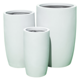 Lisbon tall round fiberglass planter shown in all sizes side by side in a studio render for comparing sizes: D 14 in × 25 in, D 18 in × 32 in, D 24 in × 36 in