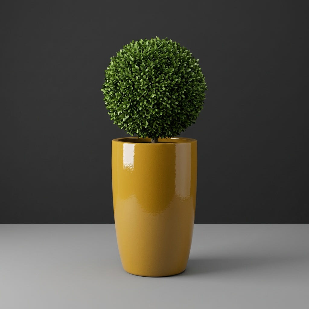 Lisbon Tall Round fiberglass planter in Gloss Metallic Gold, planted with clipped boxwood ball on a short trunk, studio