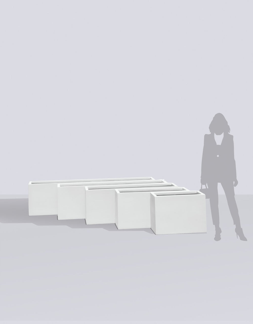Miami Narrow fiberglass planter size range shown to scale beside a standing figure