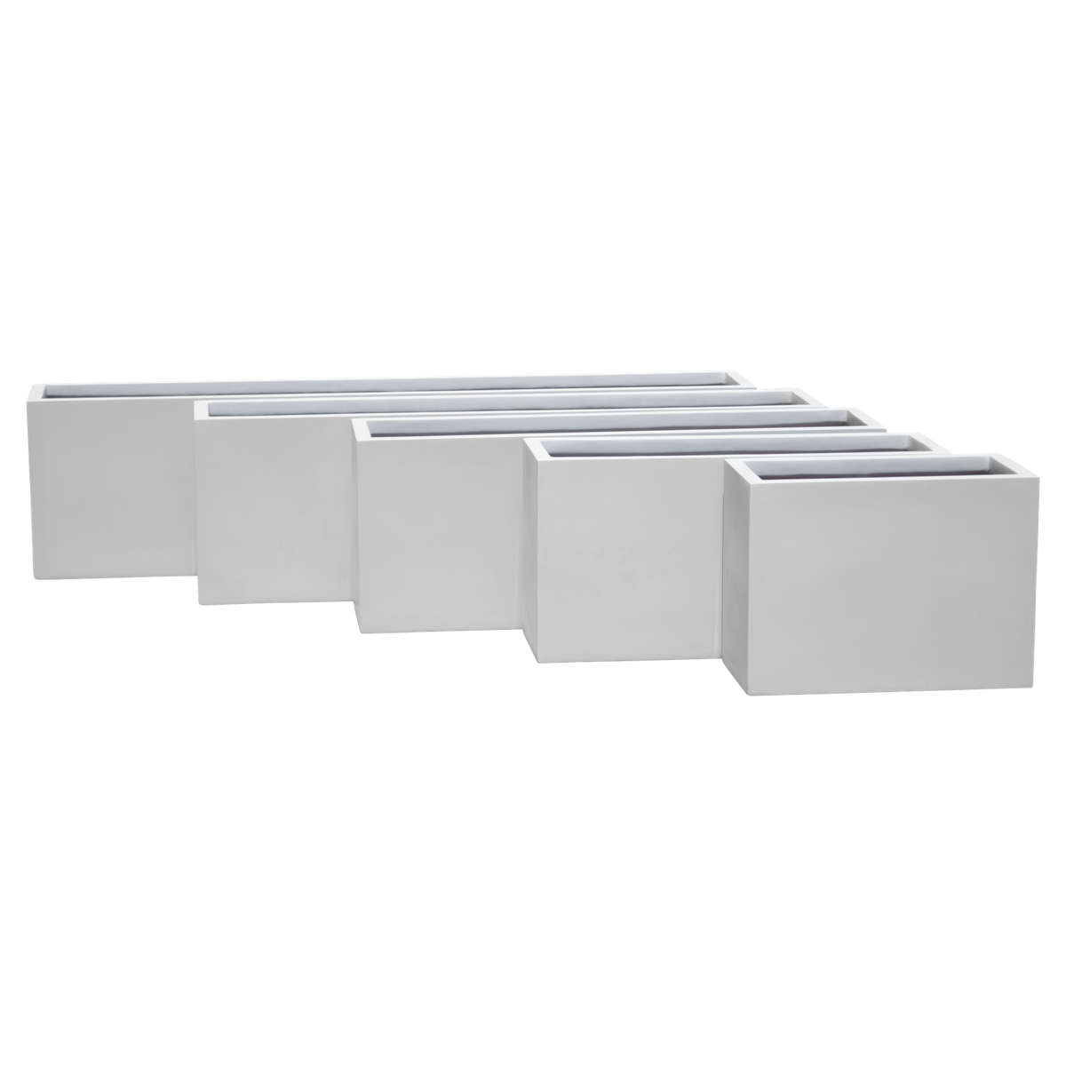 Miami narrow fiberglass planters in 36, 48, 60 and 72 in lengths lined up side by side in a neutral grey studio render for comparing sizes