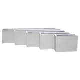 Miami narrow fiberglass planters in 36, 48, 60 and 72 in lengths lined up side by side in a neutral grey studio render for comparing sizes