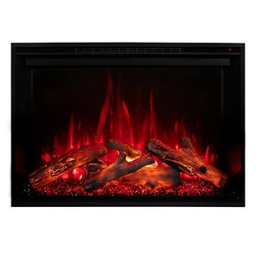 Modern Flames Redstone Traditional Electric Fireplace with realistic glowing logs and red flames in a black frame electric heater.