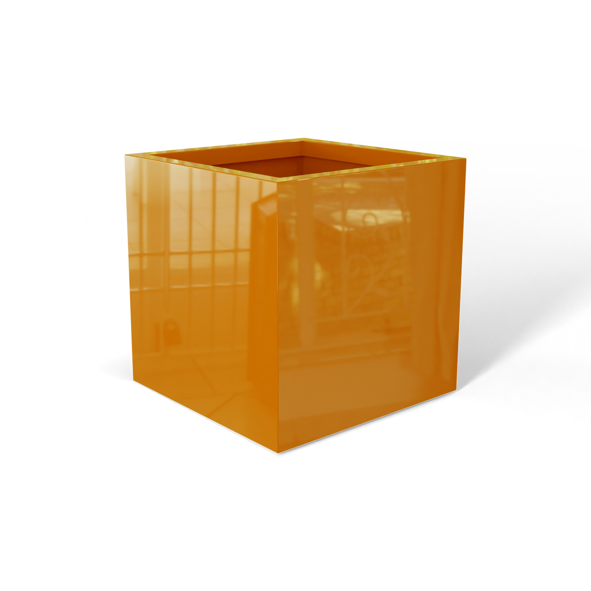 Monaco cube fiberglass planter in Gloss Tangerine, 7 × 7 × 7 in, studio render