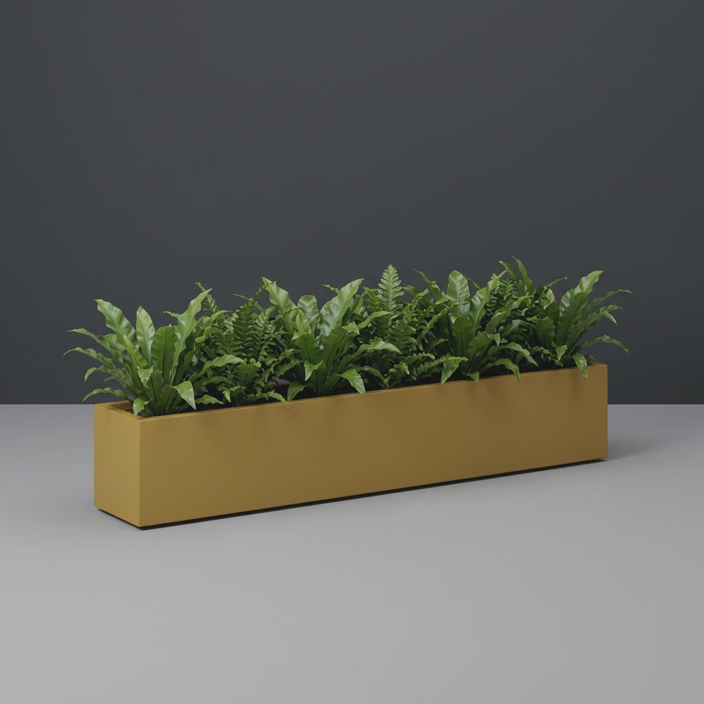 Monaco Rectangle fiberglass planter in Gloss Metallic Gold, planted with row of small ferns, studio