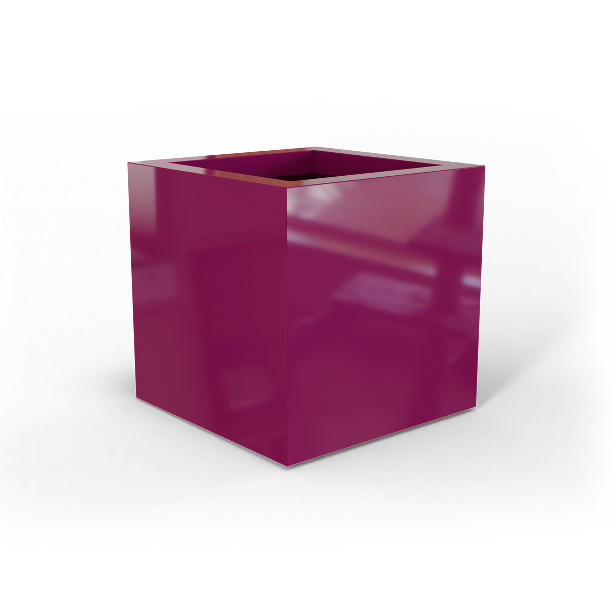 Montroy cube fiberglass planter in Gloss Eggplant, studio render