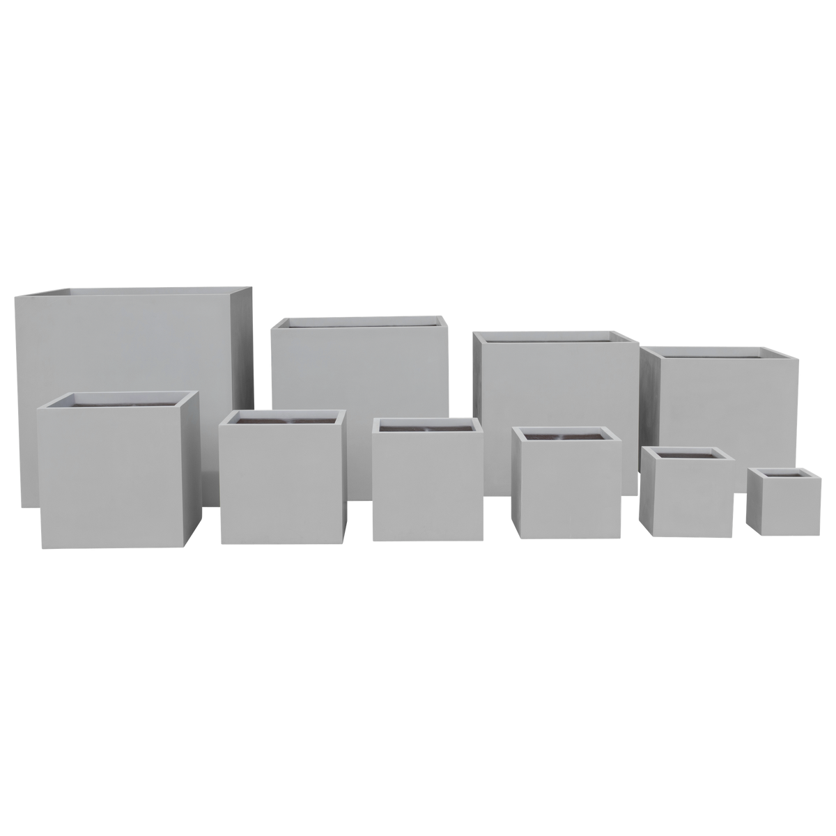 Montroy cube fiberglass planter shown in all sizes side by side in a studio render for comparing sizes: 12 × 12 × 12 in, 16 × 16 × 16 in, 20 × 20 × 20 in, 24 × 24 × 24 in, 28 × 28 × 28 in, 32 × 32 × 32 in, 36 × 36 × 36 in, 40 × 40 × 40 in, 48 × 48 × 48 in, 60 × 60 × 60 in