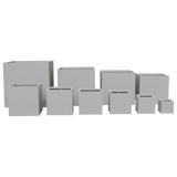 Montroy cube fiberglass planter shown in all sizes side by side in a studio render for comparing sizes: 12 × 12 × 12 in, 16 × 16 × 16 in, 20 × 20 × 20 in, 24 × 24 × 24 in, 28 × 28 × 28 in, 32 × 32 × 32 in, 36 × 36 × 36 in, 40 × 40 × 40 in, 48 × 48 × 48 in, 60 × 60 × 60 in