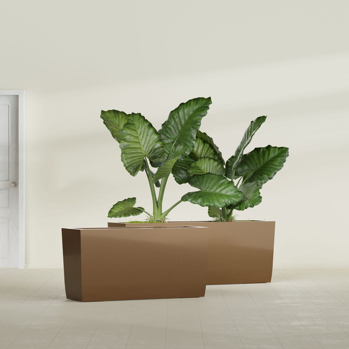 Panama tapered fiberglass planter in Metallic Bronze, 36"L × 12"D × 18"H, shown empty