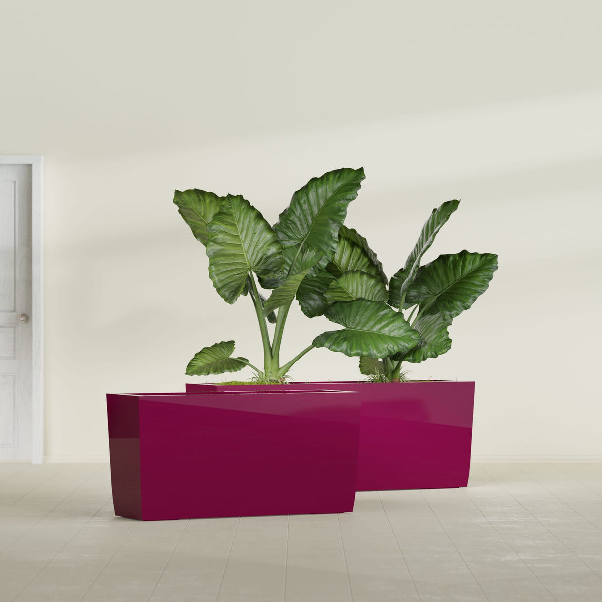 Panama tapered fiberglass planter in Gloss Eggplant, 36"L × 12"D × 18"H, shown empty