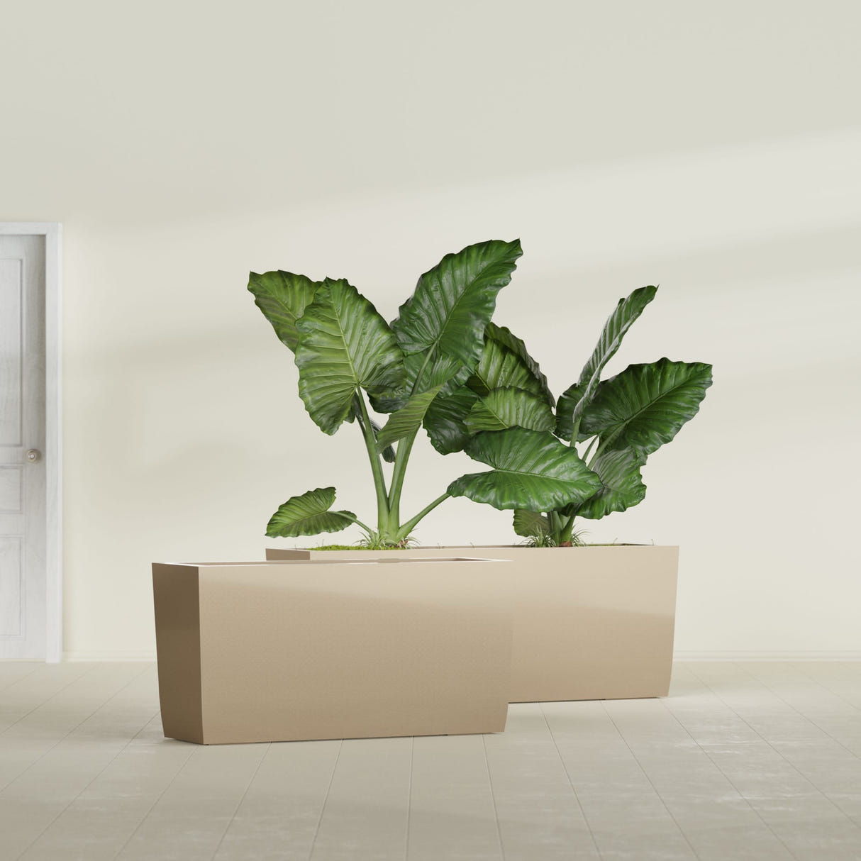 Panama tapered fiberglass planter in Gloss Metallic Gold, 36"L × 12"D × 18"H, shown empty