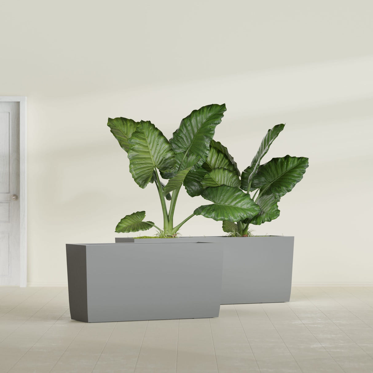 Panama tapered fiberglass planter in Matte Gunmetal, 36"L × 12"D × 18"H, shown empty