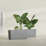 Panama tapered fiberglass planter in Matte Gunmetal, 36"L × 12"D × 18"H, shown empty