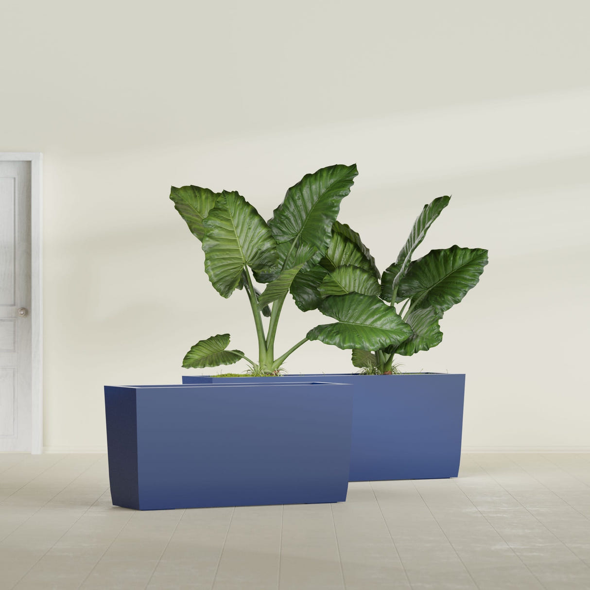 Panama tapered fiberglass planter in Matte Cobalt Blue, 36"L × 12"D × 18"H, shown empty