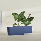 Panama tapered fiberglass planter in Matte Cobalt Blue, 36"L × 12"D × 18"H, shown empty