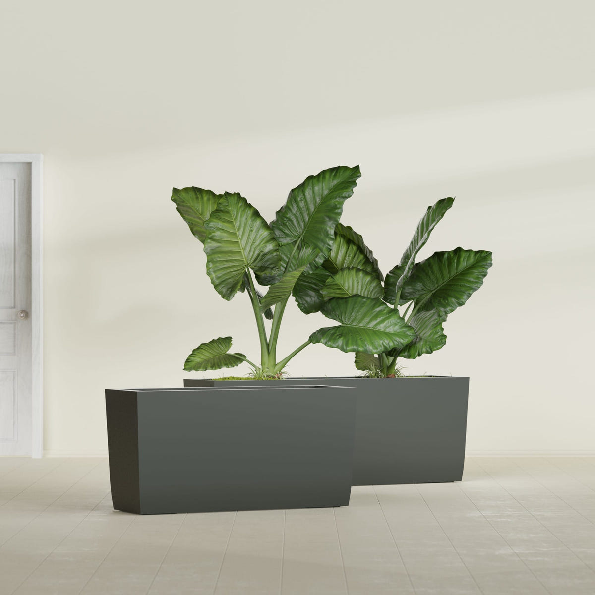 Panama tapered fiberglass planter in Matte Charcoal, 36"L × 12"D × 18"H, shown empty