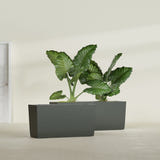 Panama tapered fiberglass planter in Matte Charcoal, 36"L × 12"D × 18"H, shown empty