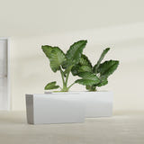 Panama tapered fiberglass planter in Metallic Silver, 36"L × 12"D × 18"H, shown empty