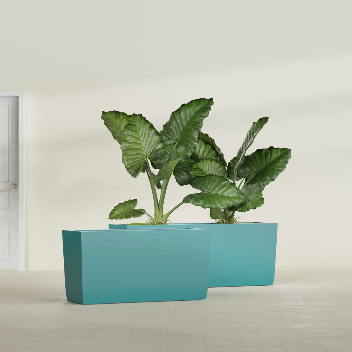 Panama tapered fiberglass planter in Satin Seafoam Green, 36"L × 12"D × 18"H, shown empty