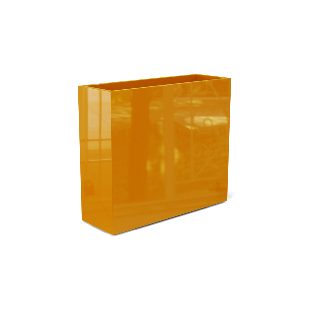Perth rectangular fiberglass planter in Gloss Tangerine, shown empty