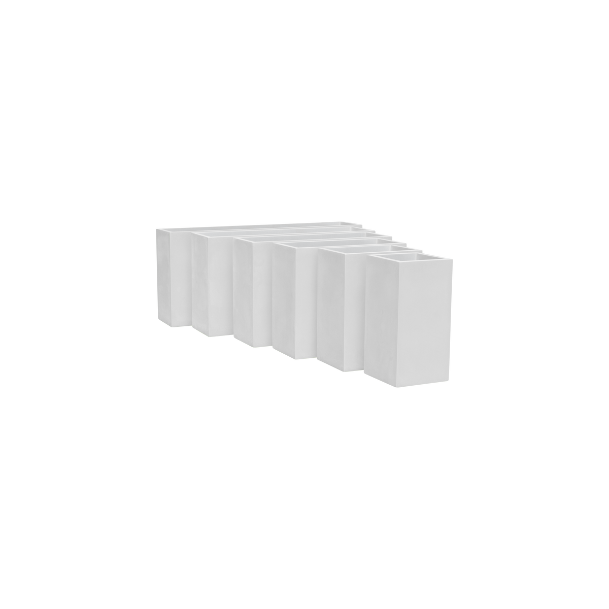 Potsdam rectangular fiberglass planter shown in all sizes side by side in a studio render for comparing sizes: 36 × 16 × 32 in, 48 × 16 × 32 in, 60 × 16 × 32 in, 72 × 16 × 32 in