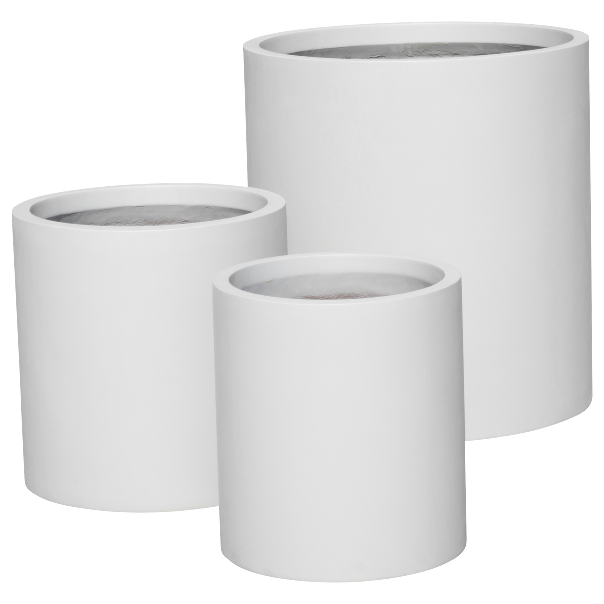 Rio grande cylinder fiberglass planter shown in all sizes side by side in a studio render for comparing sizes: D 18 in × 20 in, D 22 in × 22 in, D 30 in × 32 in