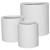 Rio grande cylinder fiberglass planter shown in all sizes side by side in a studio render for comparing sizes: D 18 in × 20 in, D 22 in × 22 in, D 30 in × 32 in