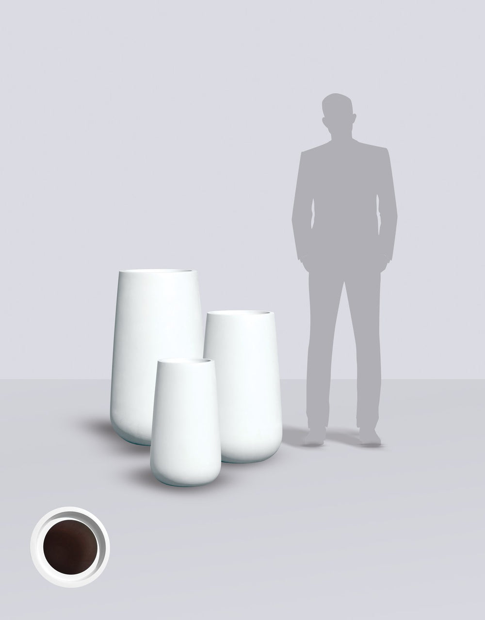 Saigon Tall Round Tapered fiberglass planter size range shown to scale beside a standing figure