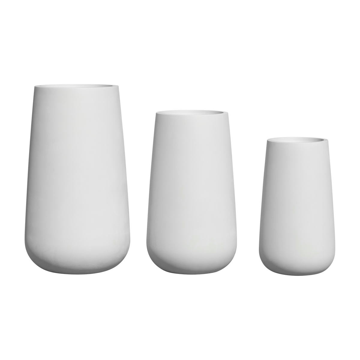 Saigon tapered round fiberglass planter shown in all sizes side by side in a studio render for comparing sizes: D 17 in × 30 in, D 21 in × 36 in, D 24 in × 42 in