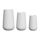Saigon tapered round fiberglass planter shown in all sizes side by side in a studio render for comparing sizes: D 17 in × 30 in, D 21 in × 36 in, D 24 in × 42 in