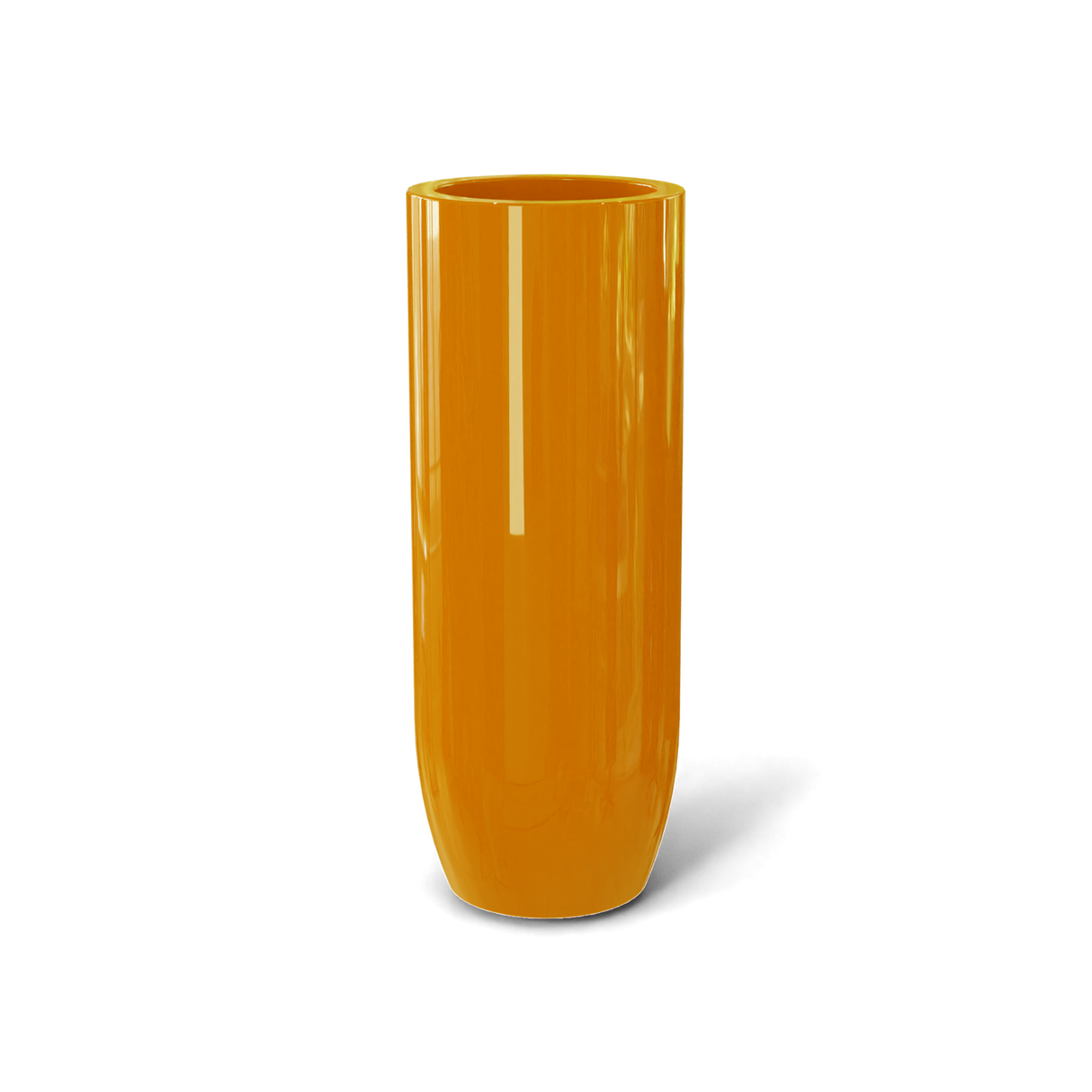 Saint Tropez bullet round fiberglass planter in Gloss Tangerine