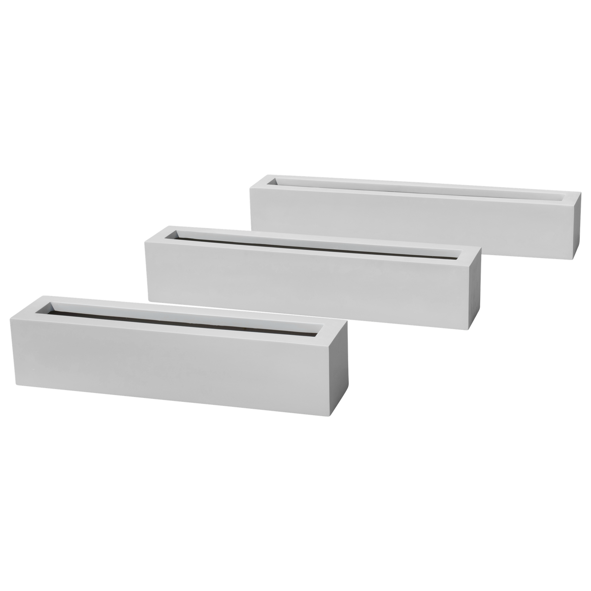 Salon box fiberglass planter shown in all sizes side by side in a studio render for comparing sizes: 36 × 8 × 8 in, 42 × 8 × 8 in, 48 × 8 × 8 in