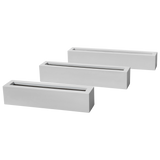 Salon box fiberglass planter shown in all sizes side by side in a studio render for comparing sizes: 36 × 8 × 8 in, 42 × 8 × 8 in, 48 × 8 × 8 in
