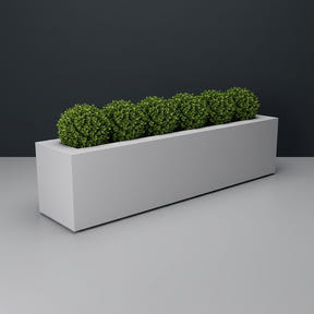 Salon Box fiberglass planter in Matte Bright White, planted with row of small clipped boxwood balls, studio