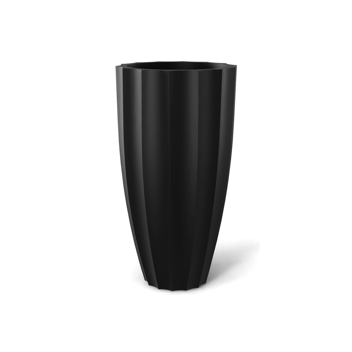 San Jose tall fluted fiberglass planter in Matte Black, 16 × 30 in, studio render