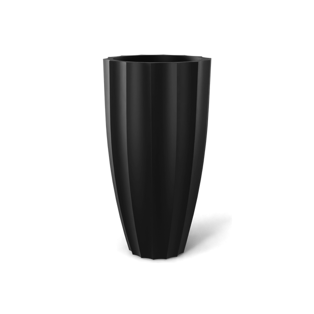 San Jose tall fluted fiberglass planter in Matte Black, 16 × 30 in, studio render