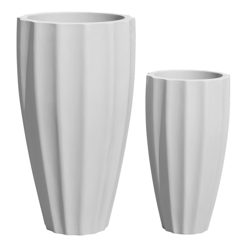 San jose tall fluted fiberglass planter shown in all sizes side by side in a studio render for comparing sizes: D 16 in × 30 in, D 22 in × 40 in