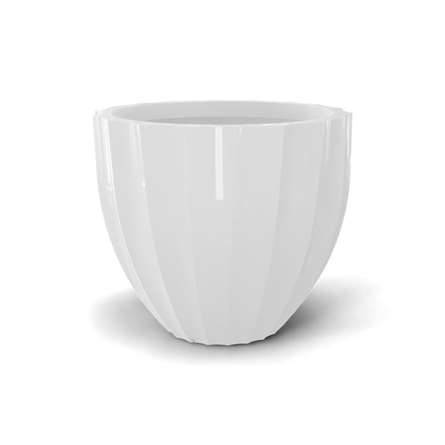 Santa barbara fluted round fiberglass planter in Gloss Bright White, D 23 in × 20.3 in, studio render