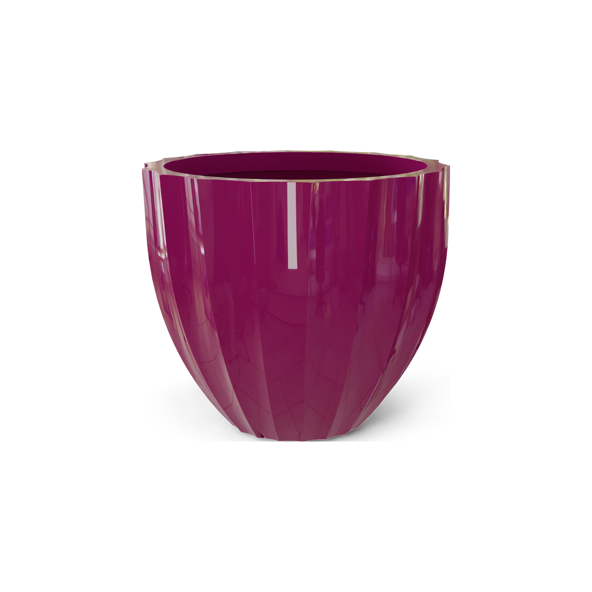 Santa Barbara fluted round fiberglass planter in Gloss Eggplant