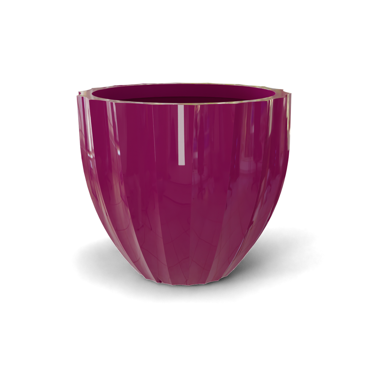 Santa barbara fluted round fiberglass planter in Gloss Eggplant, D 23 in × 20.3 in, studio render