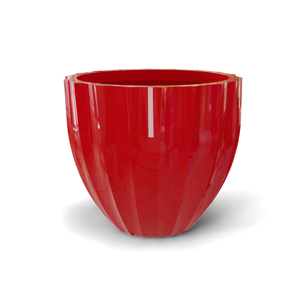 Santa barbara fluted round fiberglass planter in Gloss Red, D 23 in × 20.3 in, studio render