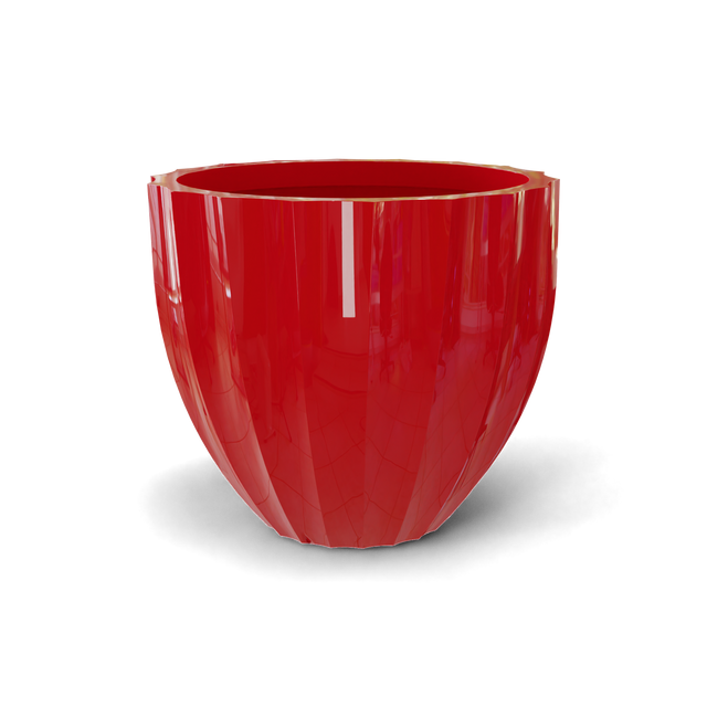 Santa barbara fluted round fiberglass planter in Gloss Red, D 23 in × 20.3 in, studio render