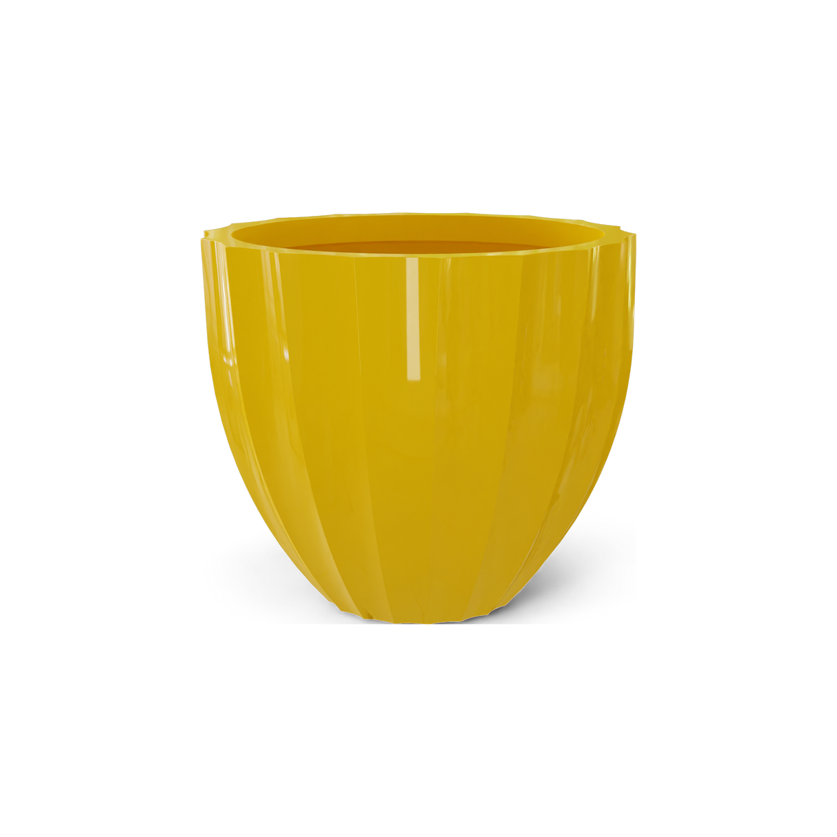 Santa Barbara fluted round fiberglass planter in Gloss Saffron