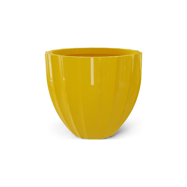 Santa Barbara fluted round fiberglass planter in Gloss Saffron