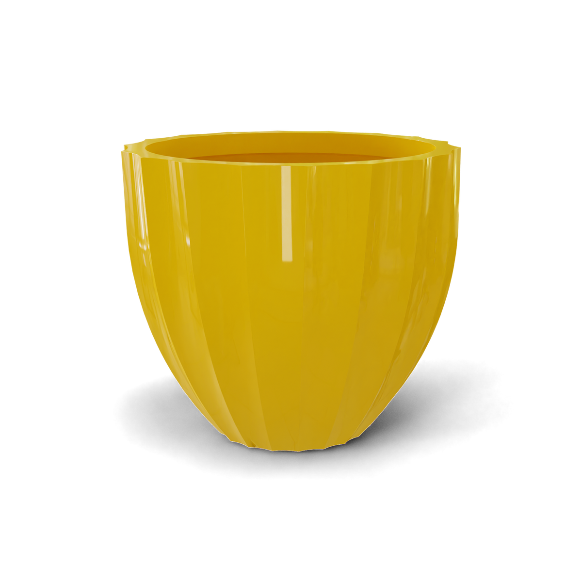 Santa barbara fluted round fiberglass planter in Gloss Saffron, D 23 in × 20.3 in, studio render