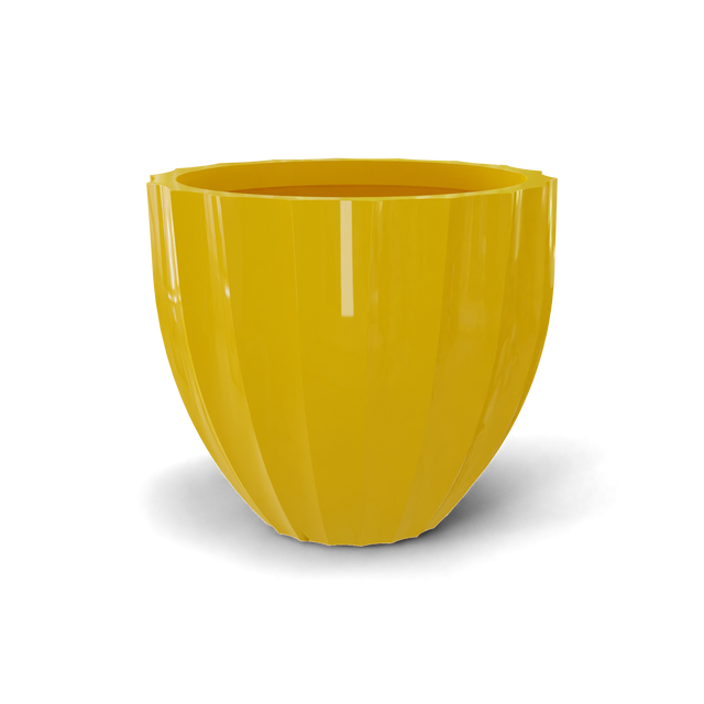 Santa barbara fluted round fiberglass planter in Gloss Saffron, D 23 in × 20.3 in, studio render