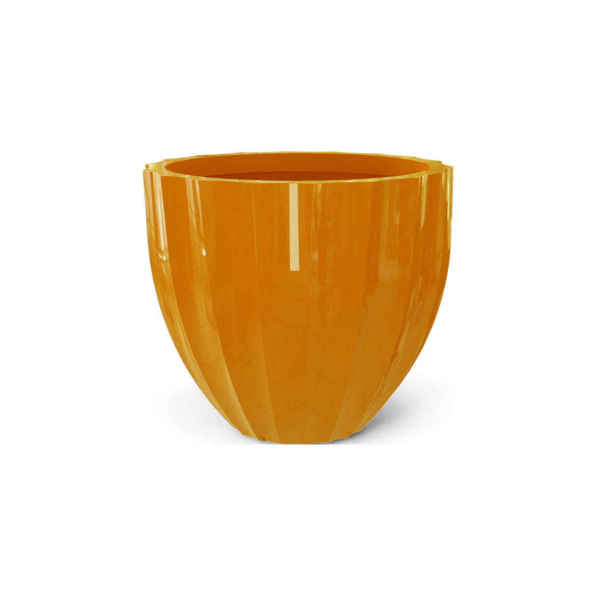 Santa Barbara fluted round fiberglass planter in Gloss Tangerine
